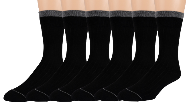 6-Pack Black Ribbed Non Sweat Men's Crew Socks - Ultra Soft Viscose Bamboo Moisture Wicking -By Zeke